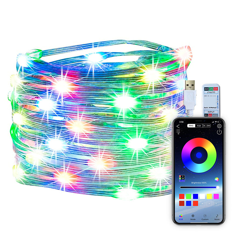 Camping Symphony RGB Flowing Water Three-Line Large Lamp Bead Light String Mobile Phone APP Point-Controlled Copper Wire Lamp Christmas Tree Decoration Lights