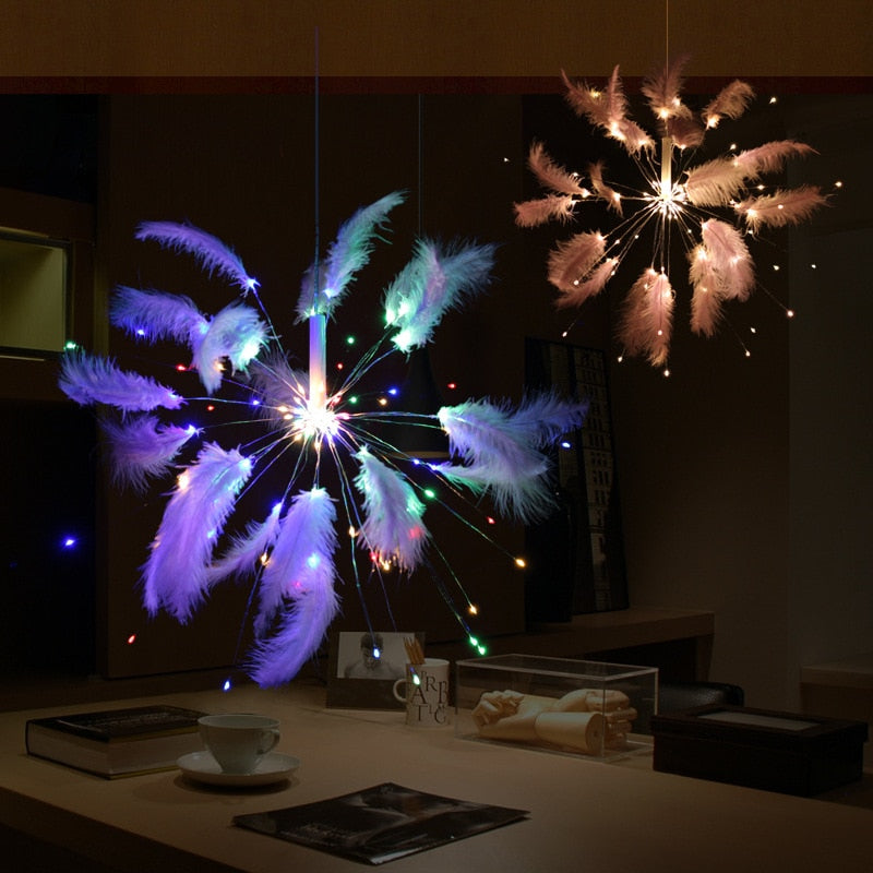 Hanging Starburst Fairy Feather Fireworks Light String 100 LED DIY Foldable Battery Garland Outdoor Waterproof Christmas Party