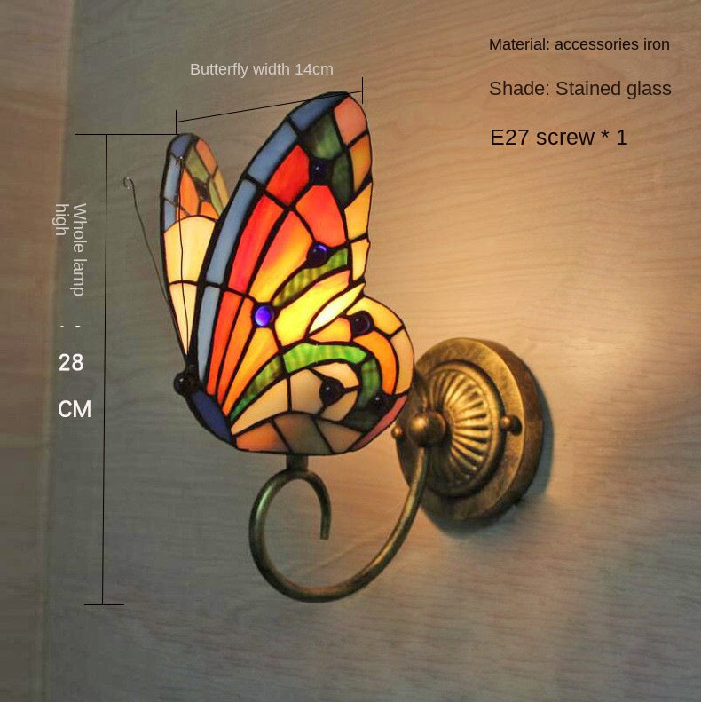 European and American Style Butterfly Corridor Wall Lamp, Colorful Glass Creative Lighting, Bedroom Bedside Corridor, European Countryside Bar Wall Lamp