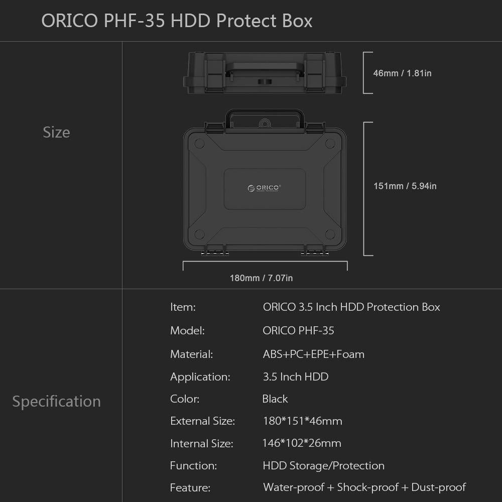 ORICO HDD Protection Box ABS HDD Storage Case Waterproof Shockproof Case Cover for 3.5 Inch HDD with Safety Lock