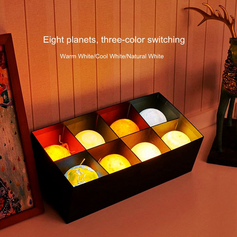 Creative Rechargeable 3D Print Eight Planets Lamp Night Light Touch Pat Moon Light With 3Colors Home Decor Romantic Gift