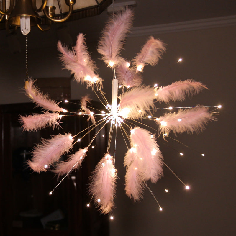Hanging Starburst Fairy Feather Fireworks Light String 100 LED DIY Foldable Battery Garland Outdoor Waterproof Christmas Party
