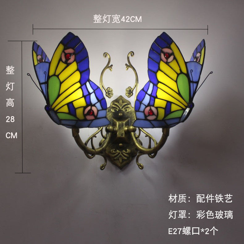 European and American Style Butterfly Corridor Wall Lamp, Colorful Glass Creative Lighting, Bedroom Bedside Corridor, European Countryside Bar Wall Lamp