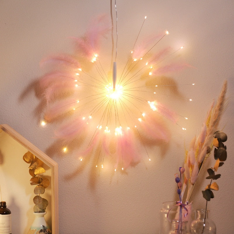 Hanging Starburst Fairy Feather Fireworks Light String 100 LED DIY Foldable Battery Garland Outdoor Waterproof Christmas Party