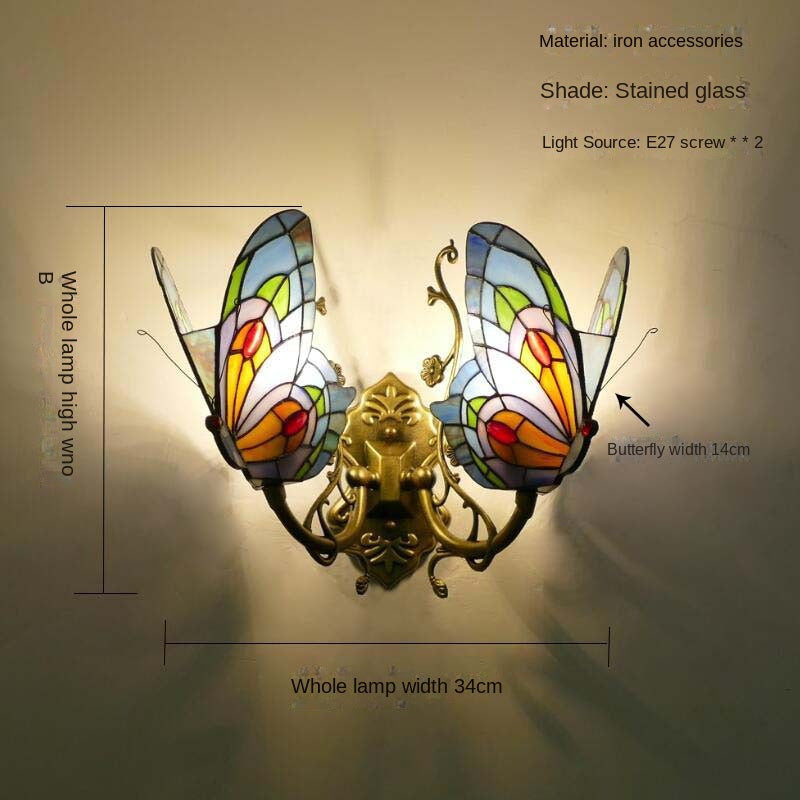 European and American Style Butterfly Corridor Wall Lamp, Colorful Glass Creative Lighting, Bedroom Bedside Corridor, European Countryside Bar Wall Lamp