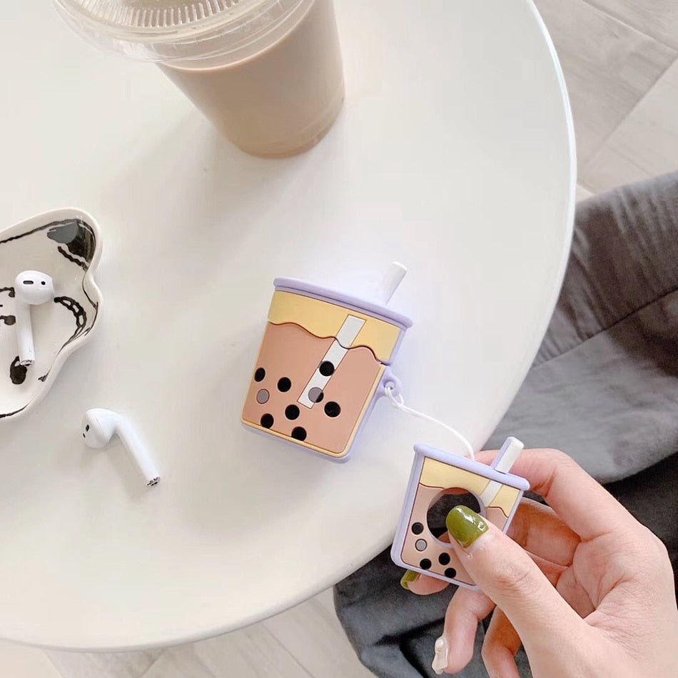 For AirPods Case Cartoon Cute Funny Milk Bubble Tea Drink Bottle Earphone Protect Cover For Airpods 2 with Finger Ring Strap