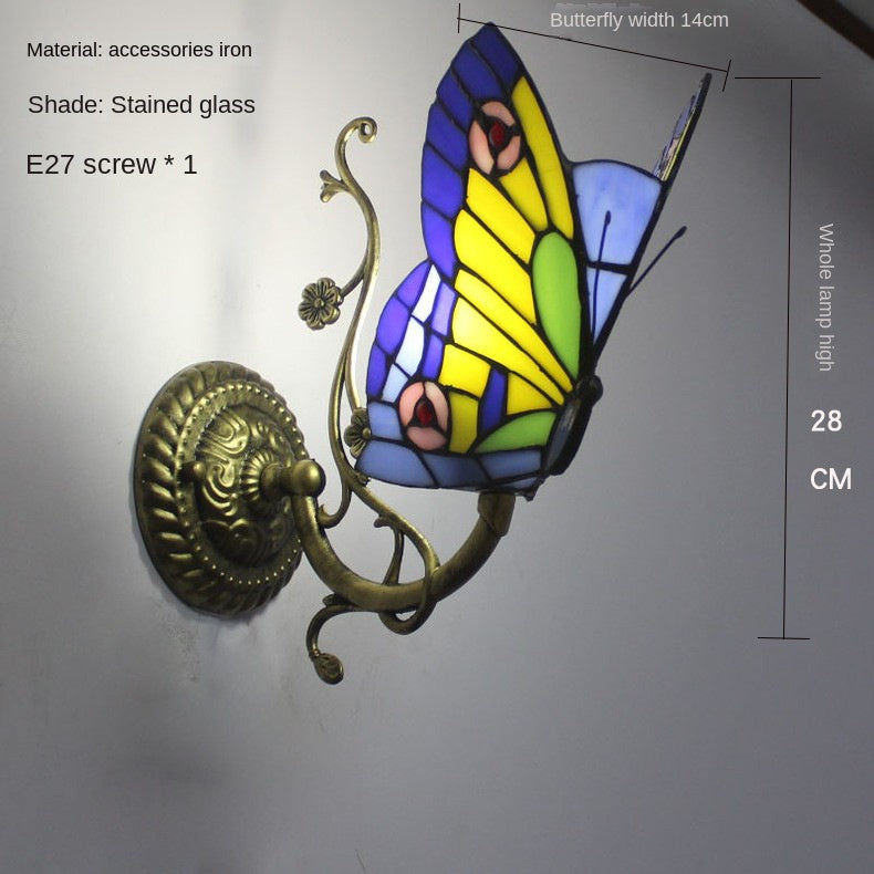 European and American Style Butterfly Corridor Wall Lamp, Colorful Glass Creative Lighting, Bedroom Bedside Corridor, European Countryside Bar Wall Lamp