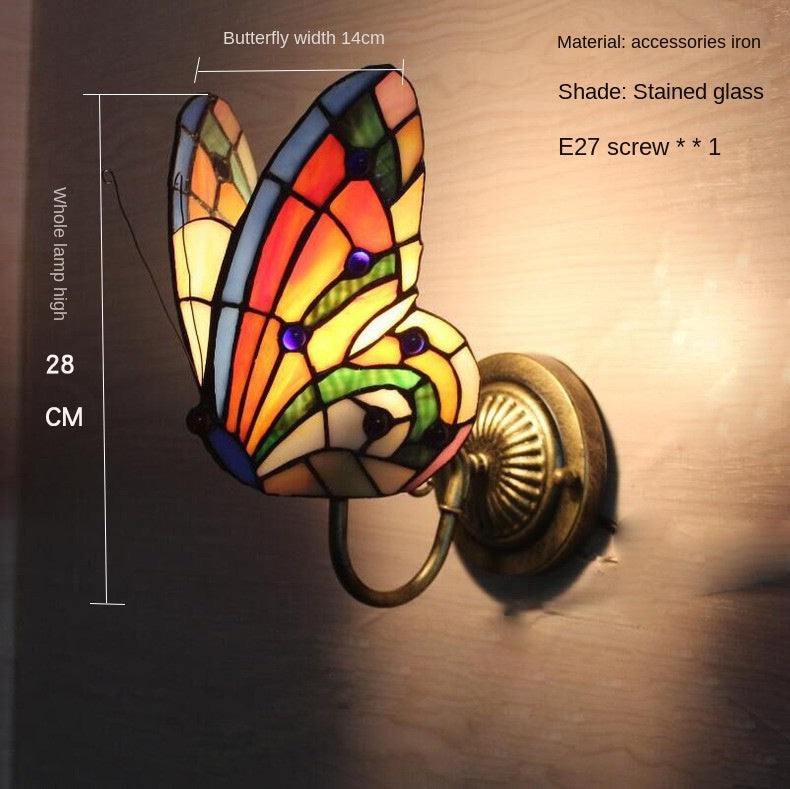 European and American Style Butterfly Corridor Wall Lamp, Colorful Glass Creative Lighting, Bedroom Bedside Corridor, European Countryside Bar Wall Lamp