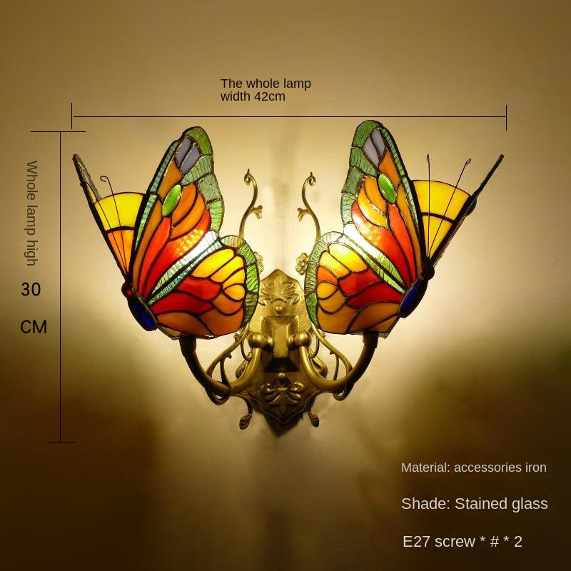 European and American Style Butterfly Corridor Wall Lamp, Colorful Glass Creative Lighting, Bedroom Bedside Corridor, European Countryside Bar Wall Lamp