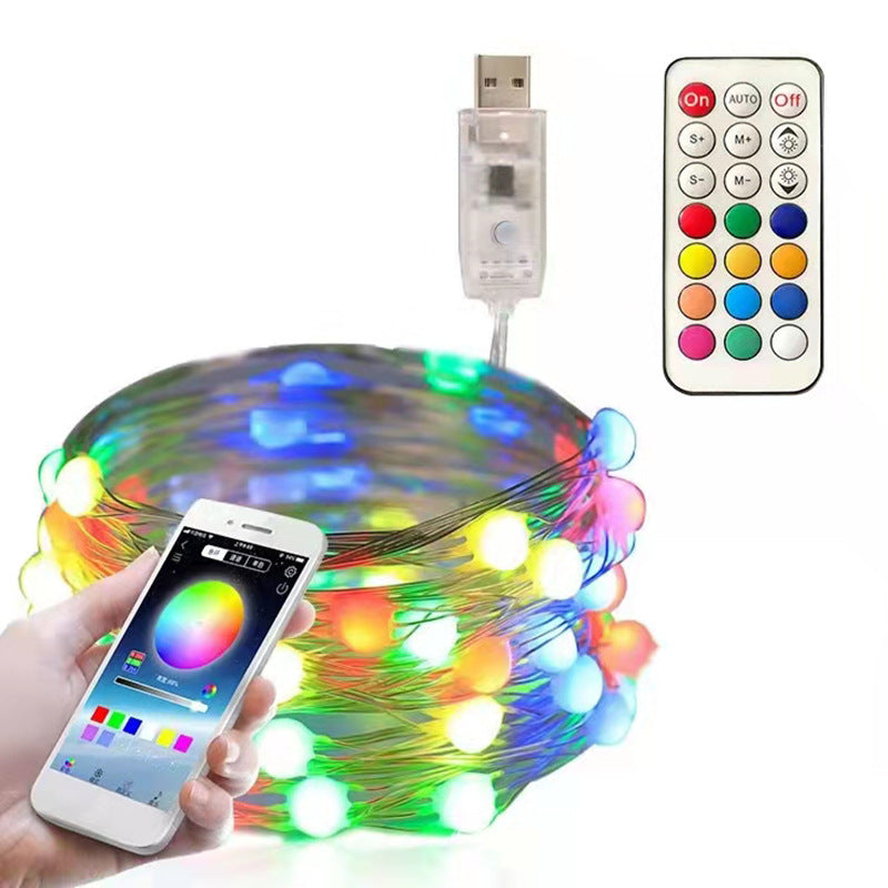 Camping Symphony RGB Flowing Water Three-Line Large Lamp Bead Light String Mobile Phone APP Point-Controlled Copper Wire Lamp Christmas Tree Decoration Lights