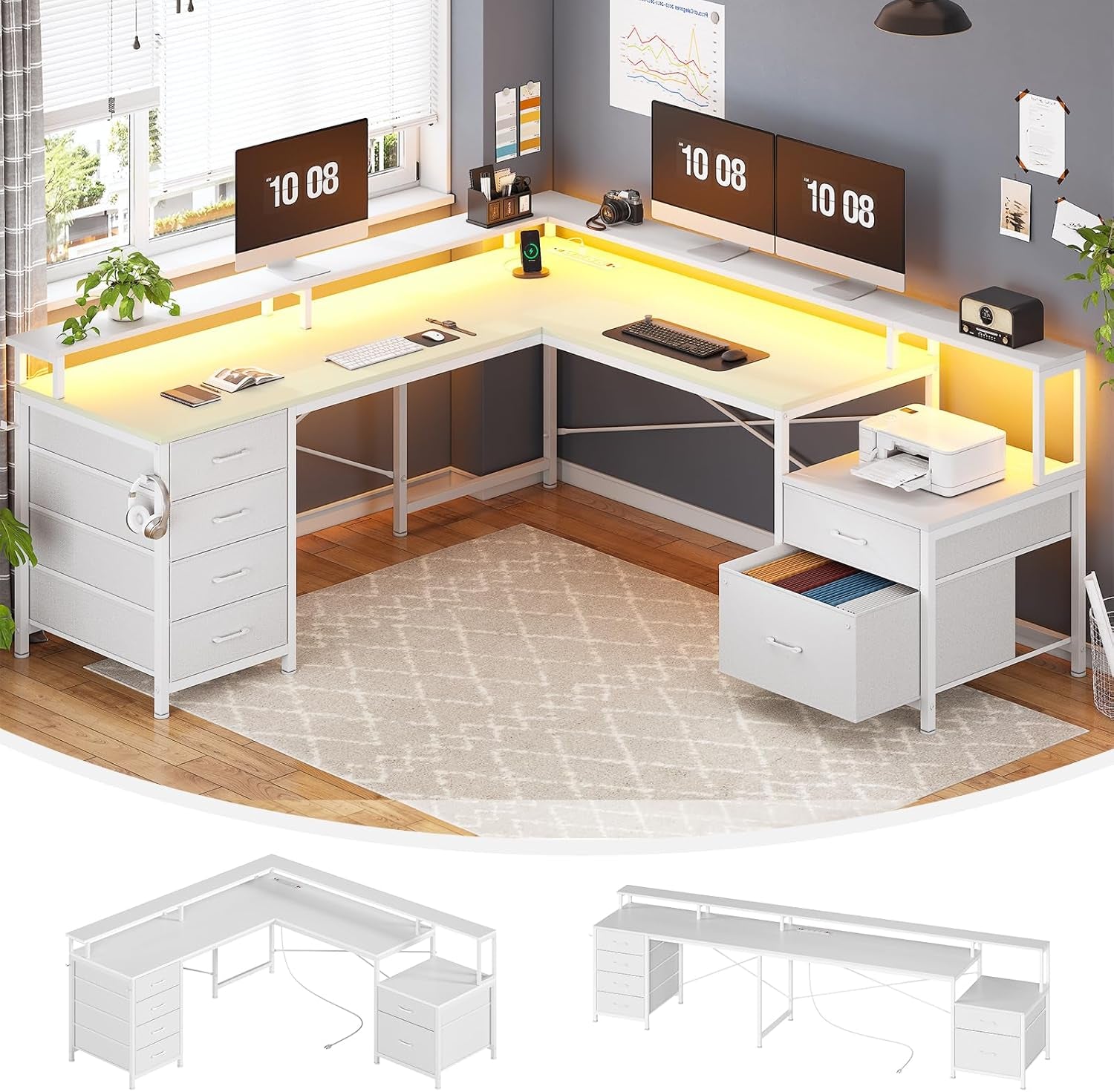 L Shaped Desk 108 Inch White Two Person Corner Computer Desk
