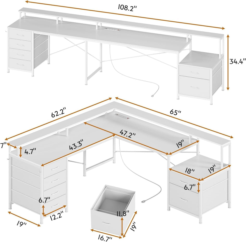 L Shaped Desk 108 Inch White Two Person Corner Computer Desk