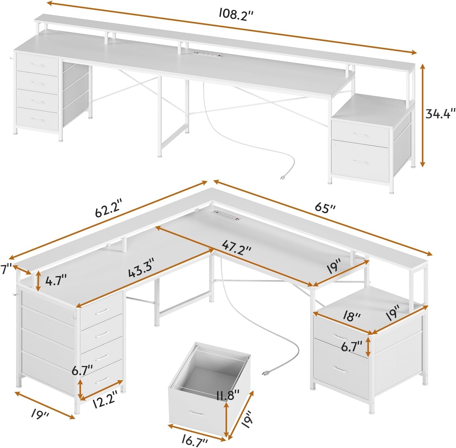 L Shaped Desk 108 Inch White Two Person Corner Computer Desk