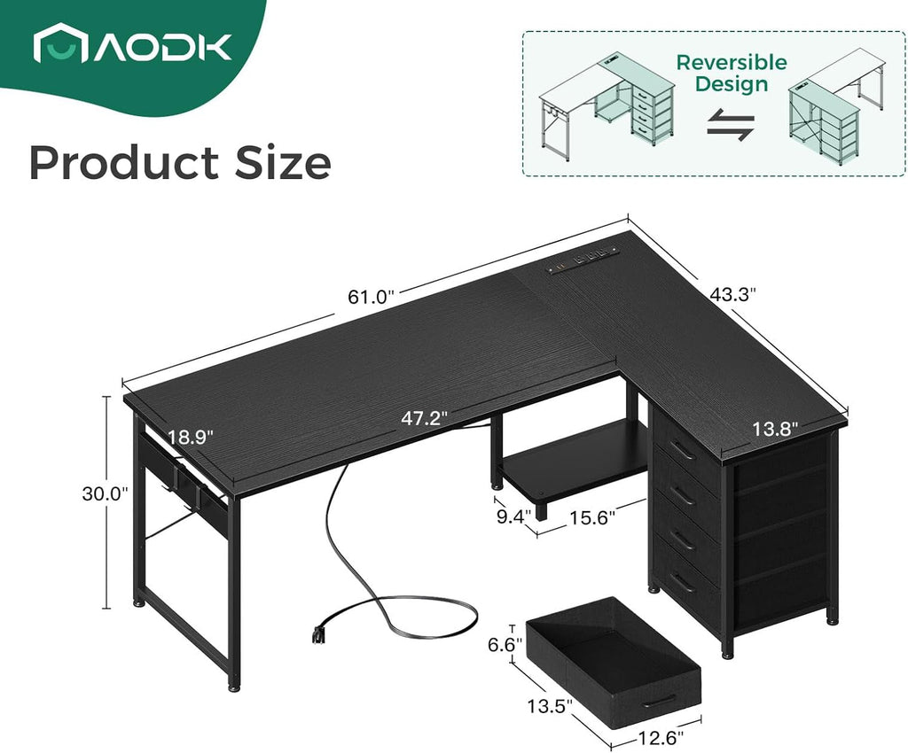 L Shaped Gaming Desk 61 Inch With Built In Power Outlets